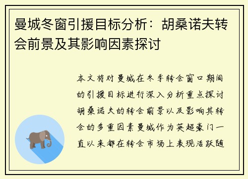 曼城冬窗引援目标分析：胡桑诺夫转会前景及其影响因素探讨