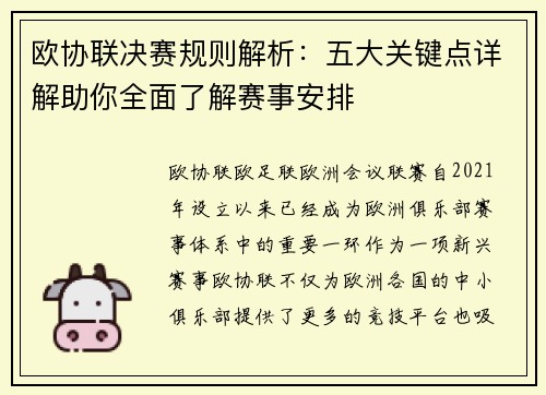 欧协联决赛规则解析：五大关键点详解助你全面了解赛事安排